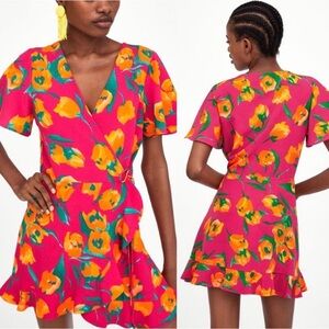Zara Floral Wrap Mini Dress w/ Shorts in Fuchsia with Yellow Tulip Print